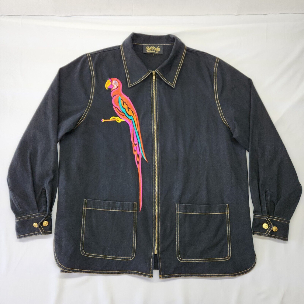 Bob Mackie Wearable Art Size Large Embroidered Parrot Black Denim Jacket Coat